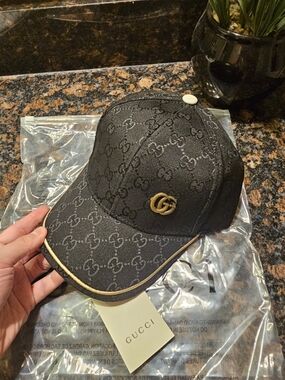 Gucci Black GG Monogram Baseball Cap with Gold Double-G